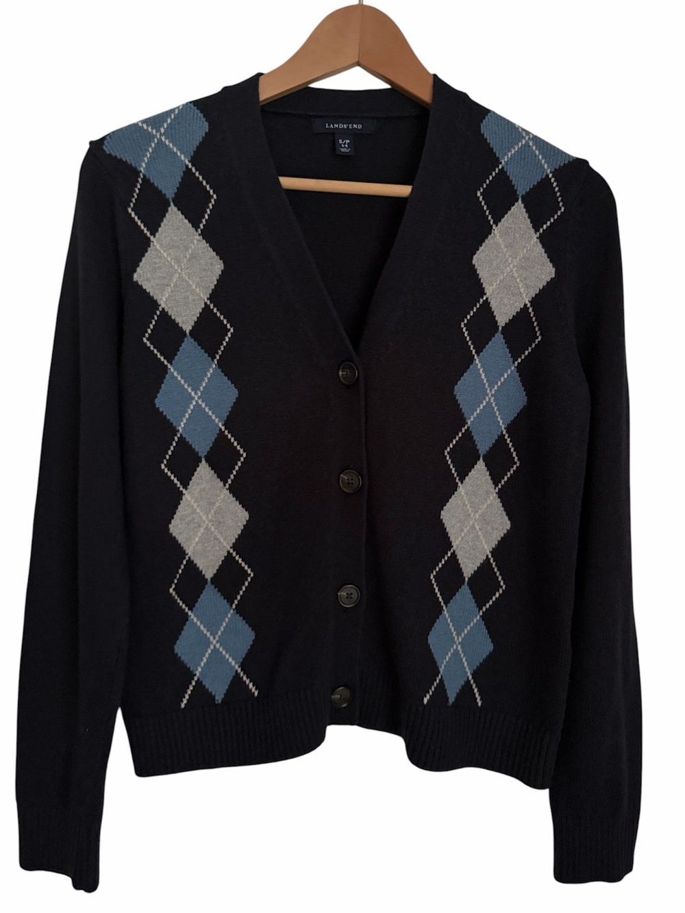 Lands’ End Women’s S Petite Navy Blue Argyle Wool Blend Cardigan Sweater